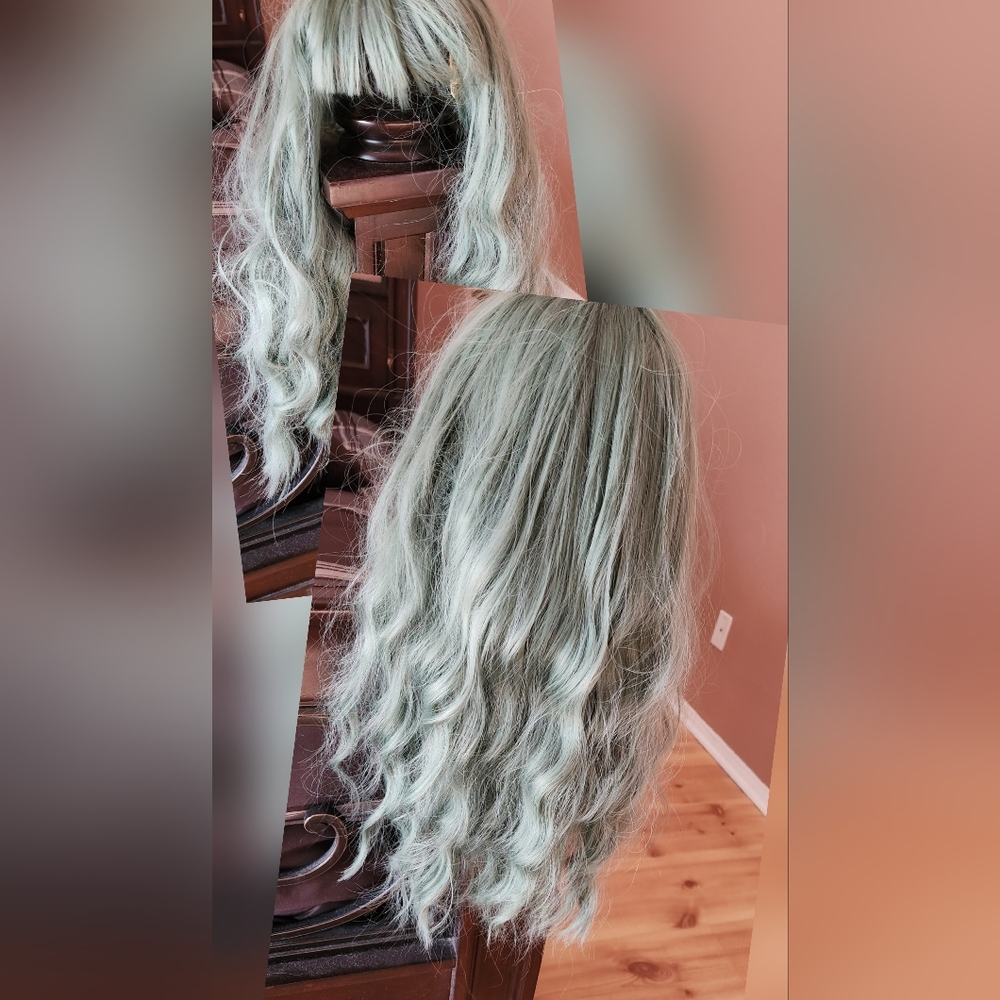 Seafoam Jade Long Wavy Hair Wig, Approximately 26" Length, With Bangs